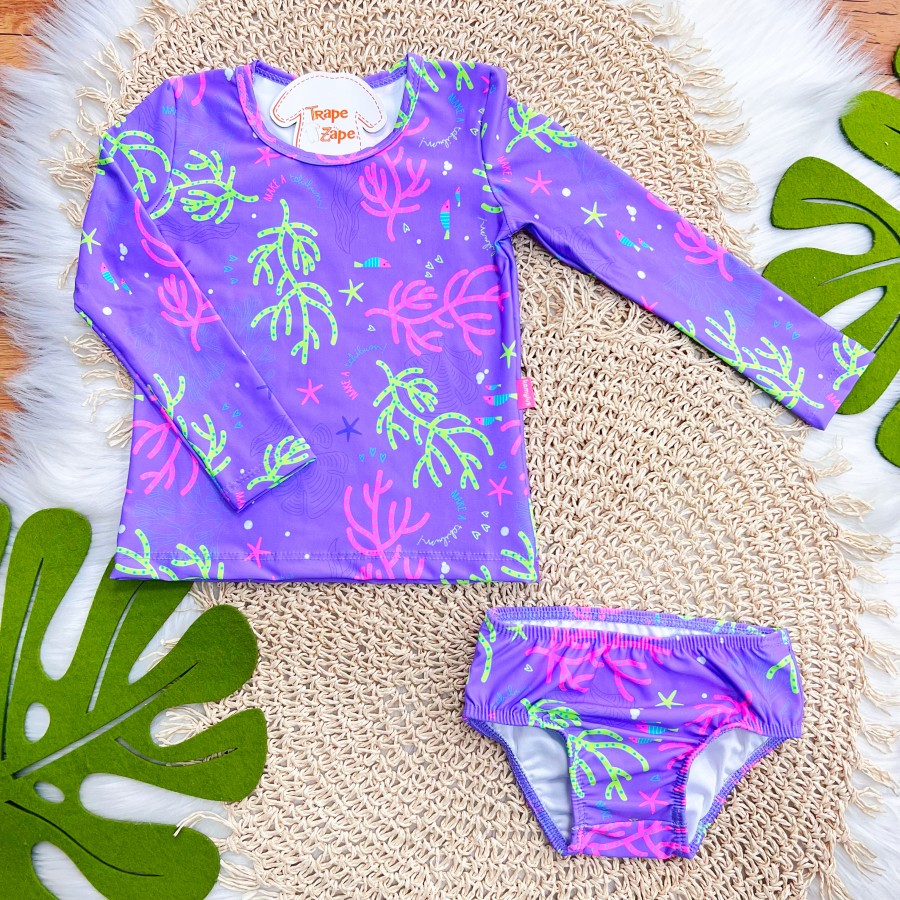 Linha Praia - Conj. Blusa Manga Longa e Calcinha Lagunas com Proteção UV50+ - Lilás